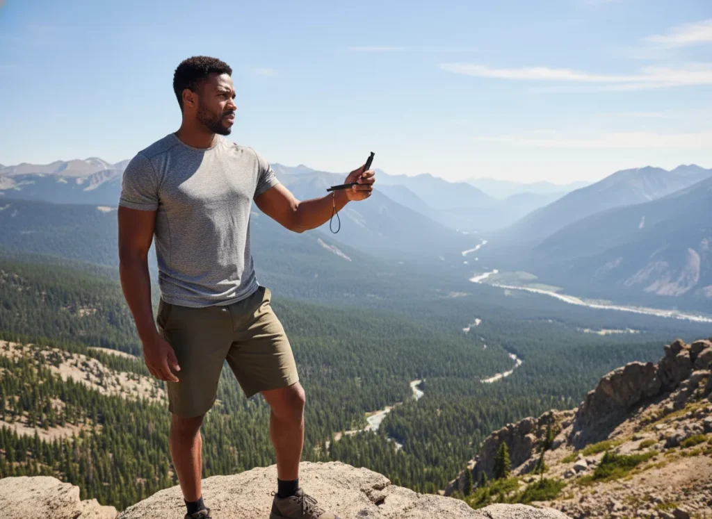 A male hiker stops on a mountain overlook to use his compass, demonstrating the importance of navigation.
