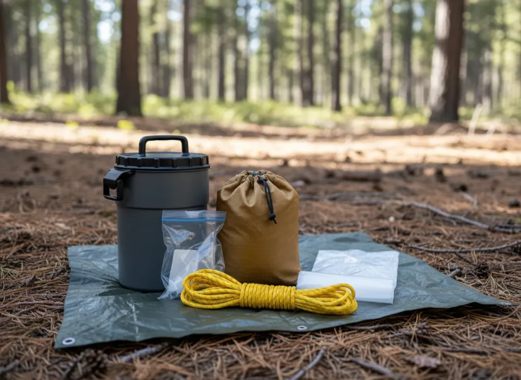 Essential backcountry food safety gear, including a bear canister, a resistant bag, and rope, laid out at a campsite.
