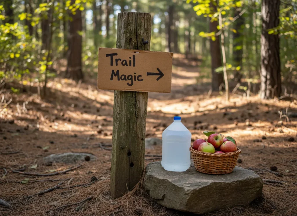 A handwritten "Trail Magic" sign tacked to a trail post, with a jug of water and a basket of apples left for hikers.