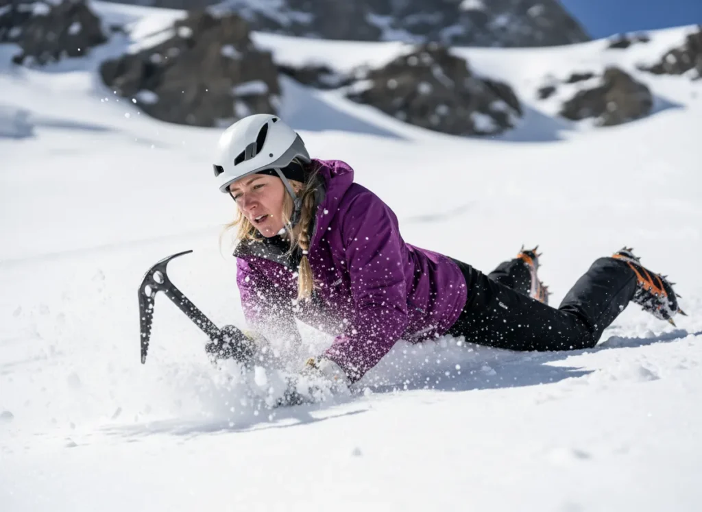 A female hiker wearing a helmet executes a perfect ice axe self-arrest, driving the pick into a steep snow slope to stop her fall.