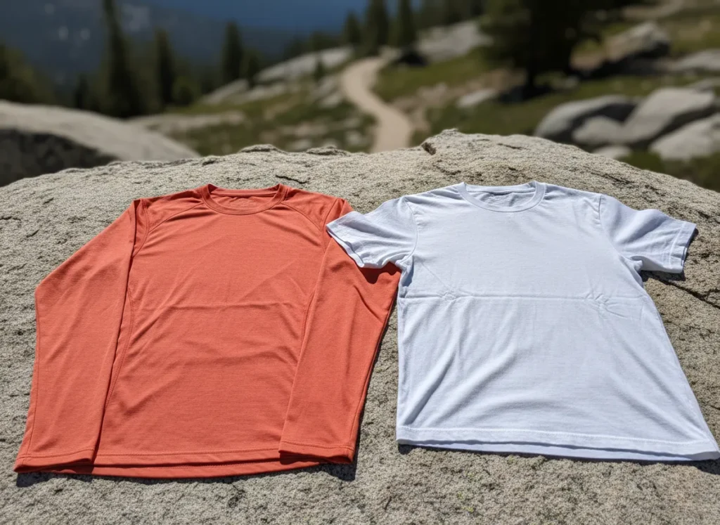 A technical UPF hiking shirt and a regular white cotton t-shirt are laid out on a rock to show the difference in fabric.