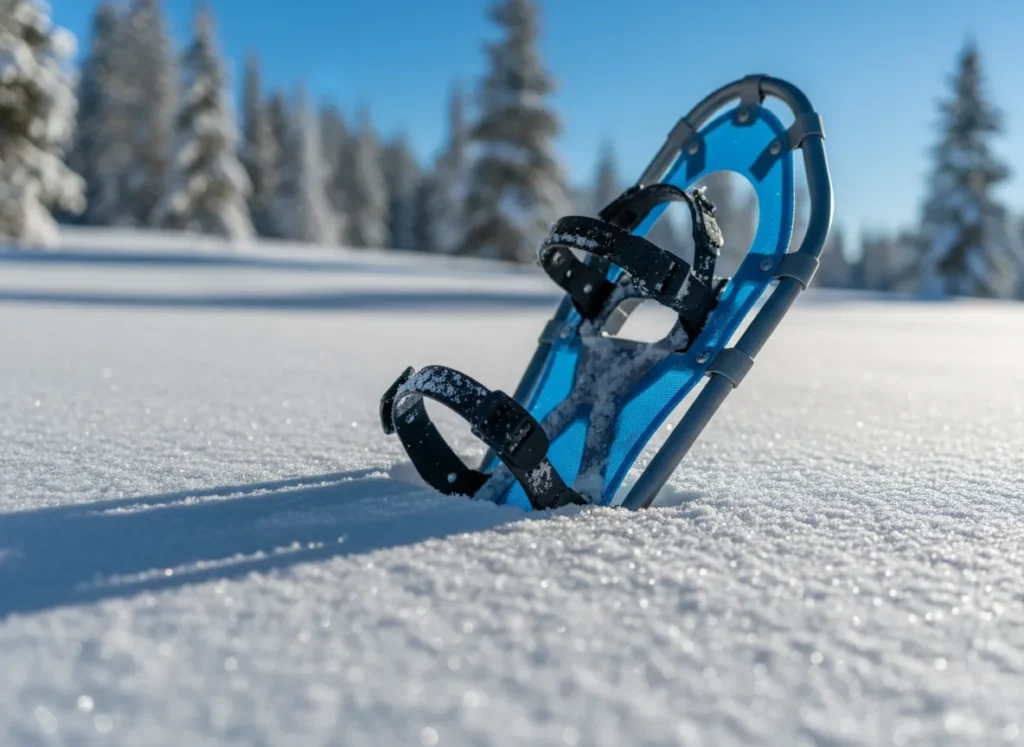 A close-up of a snowshoe resting on top of deep powder snow, illustrating the concept of flotation.