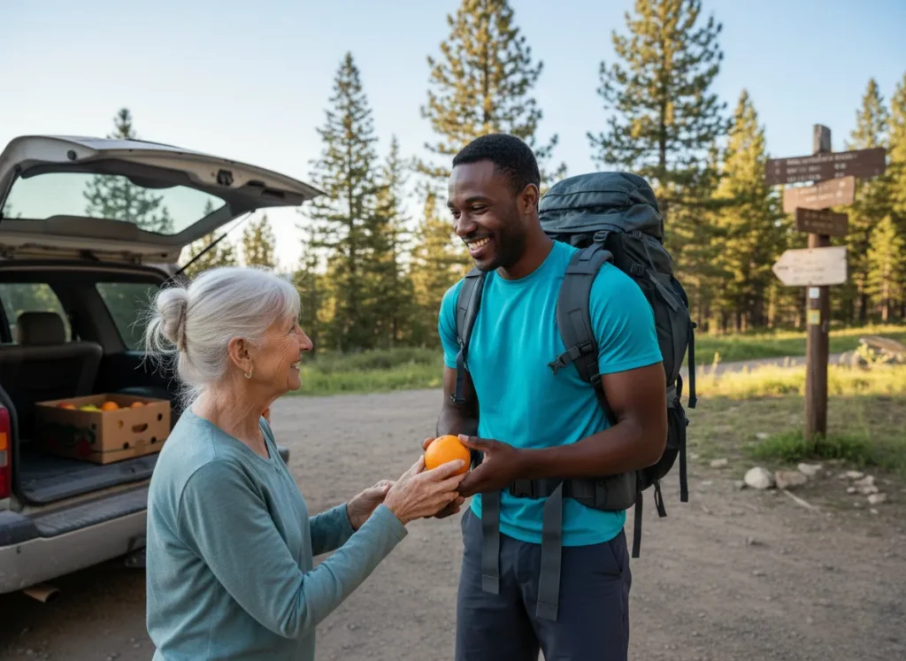 A grateful male hiker accepts a piece of fruit from a female trail angel at a trailhead, demonstrating respectful interaction.