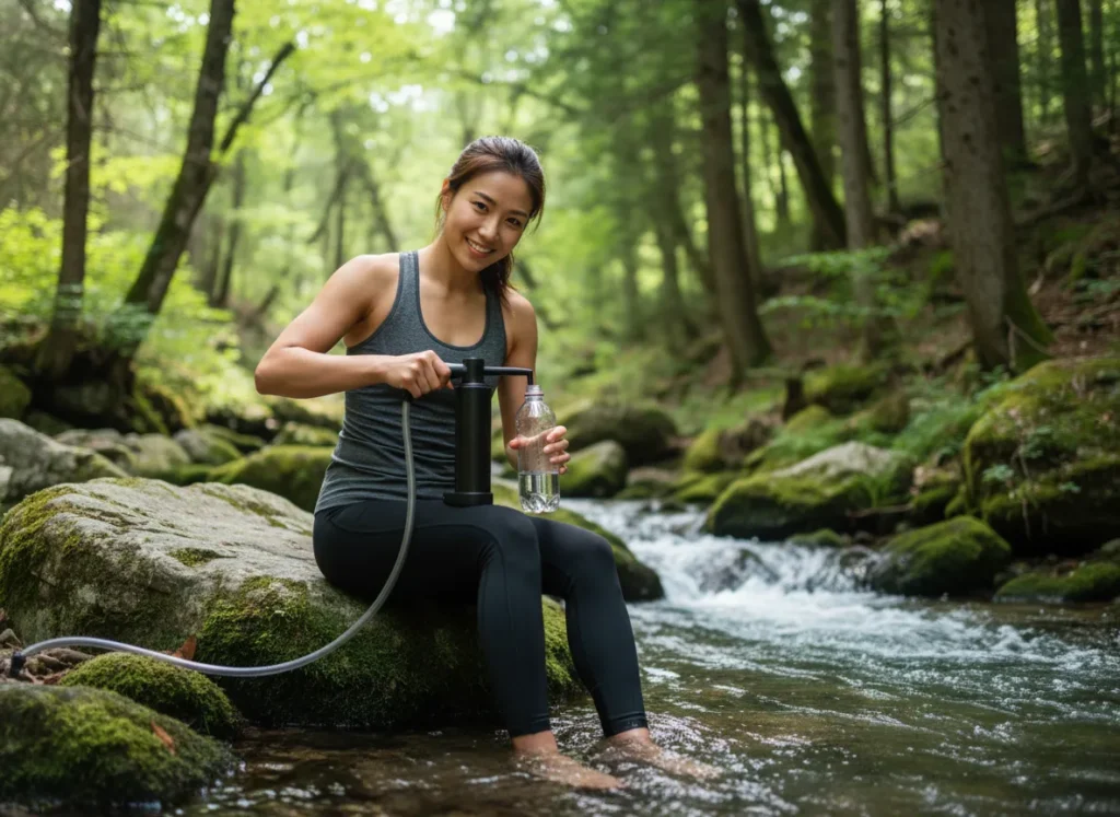 A female hiker purifies water from a mountain stream using a pump filter.