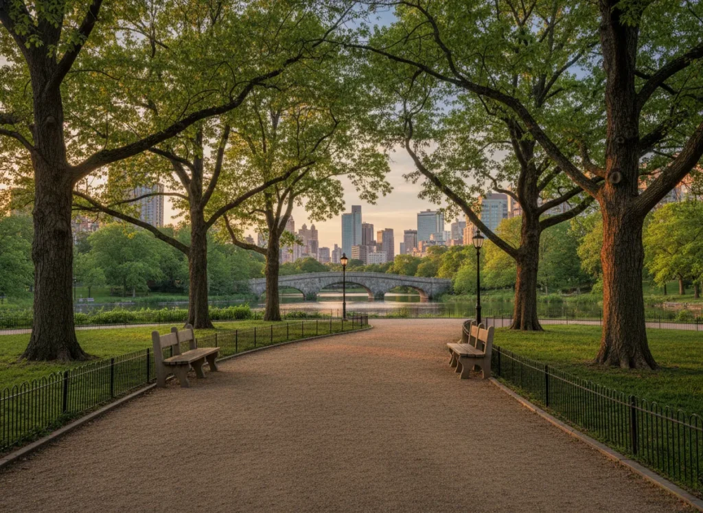 A beautifully designed path in a historic urban park, evoking the legacy of Frederick Law Olmsted, with a stone bridge and the city in the background.