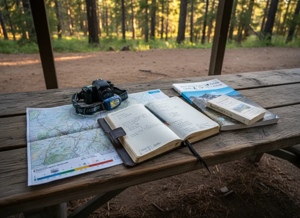 A flat-lay of thru-hike mental training tools, including a journal, map, and guidebook, on a wooden table.
