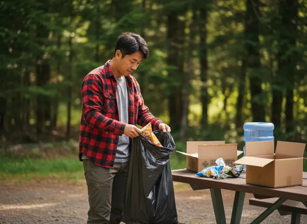 A male trail angel practices Leave No Trace by carefully packing out all trash from his trail magic setup at a forest picnic area.