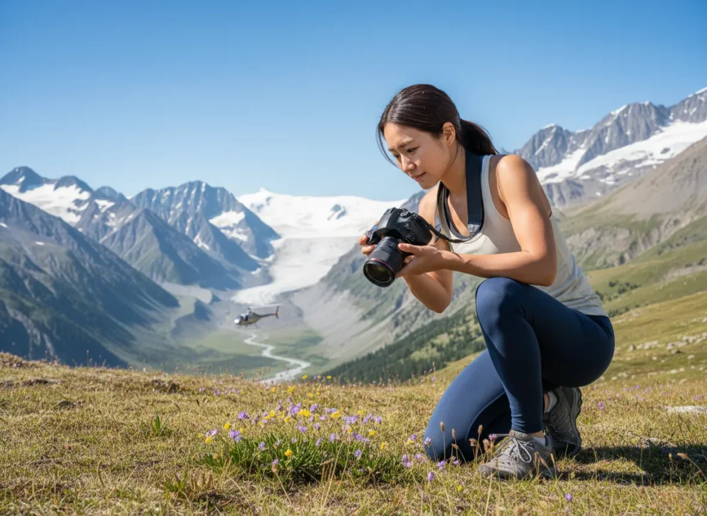 A hiker carefully observing wildflowers in a fragile alpine meadow, demonstrating responsible outdoor ethics.