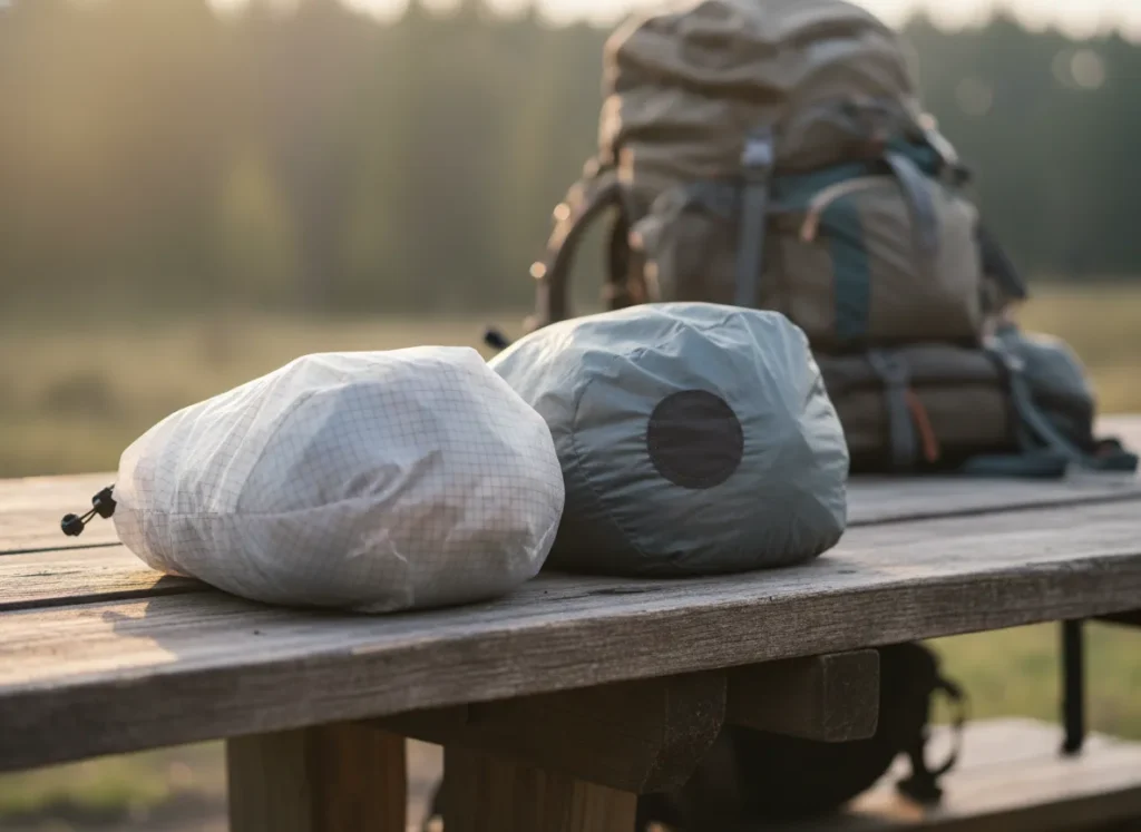 Two tent stuff sacks, one new DCF and one patched Silnylon, sit on a table, representing different approaches to lifetime value.
