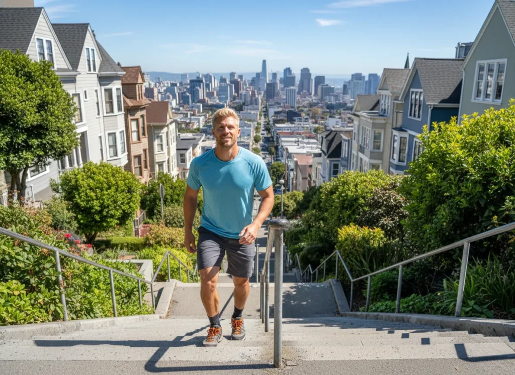 A fit man in his early 30s demonstrates urban hiking by climbing a steep set of public stairs in a city neighborhood.