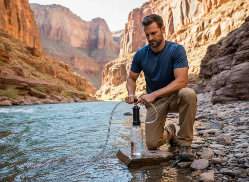 A male hiker kneels by a river, intently using a pump filter to purify water into his bottle as an immediate on-trail treatment.
