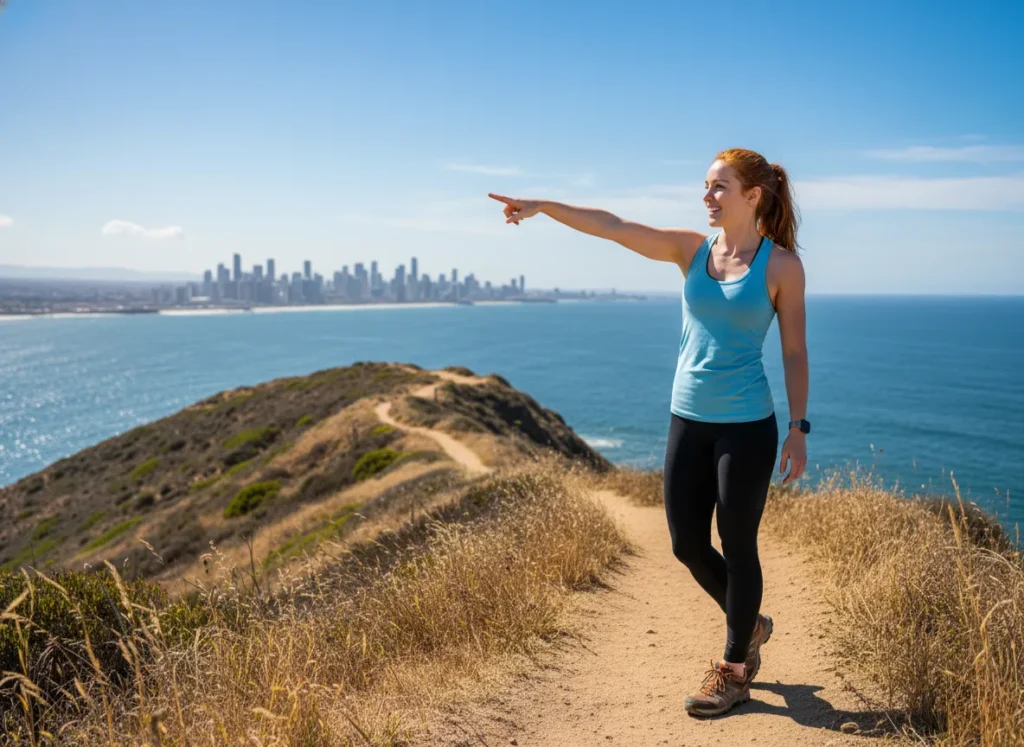 A female hiker enjoys the view from a premier coastal urban trail, with the city skyline visible across the water.