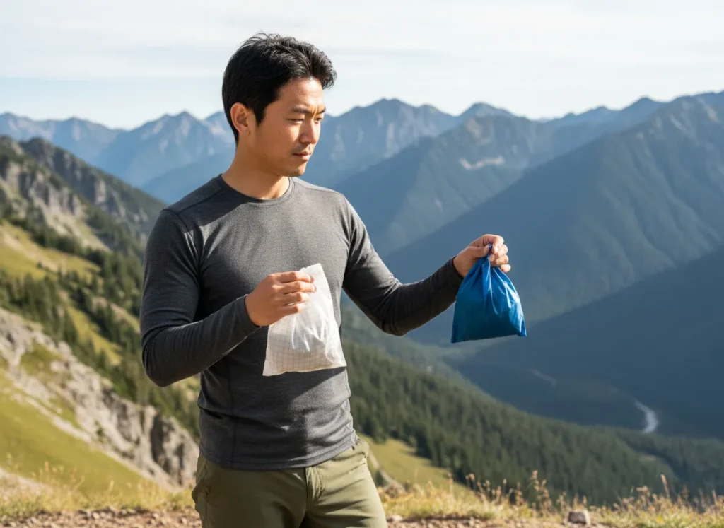 A male hiker stands at a mountain overlook, thoughtfully comparing two gear sacks of different materials, making a decision for his journey.