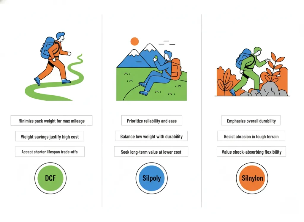 A minimalist infographic comparing three hiker archetypes in a three-column layout, each featuring an illustrative icon, bullet points on priorities, and a recommended shelter fabric choice for ultralight thru-hiking, weekend trips, and off-trail exploration.