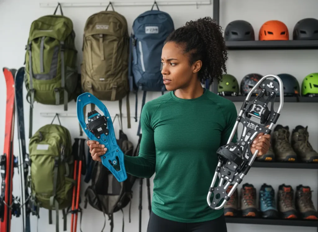 A woman thoughtfully compares two different snowshoe models in her gear room to choose the right one for her needs.