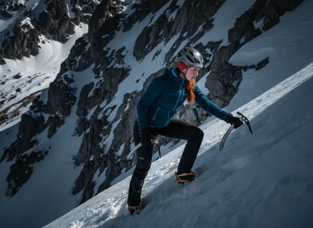 A female hiker with an ice axe carefully traverses a steep and exposed snow-covered mountain slope.