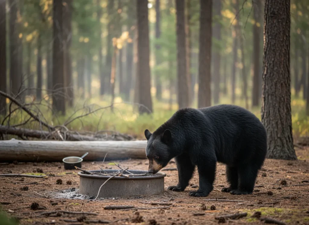A black bear investigating an empty campsite, illustrating the importance of backcountry food safety.