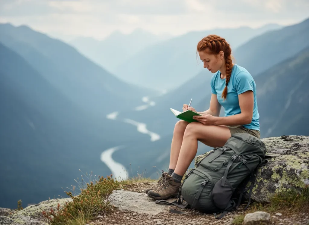 A thoughtful female hiker sitting on a rock during a break, writing in a journal instead of looking at the mountain view.