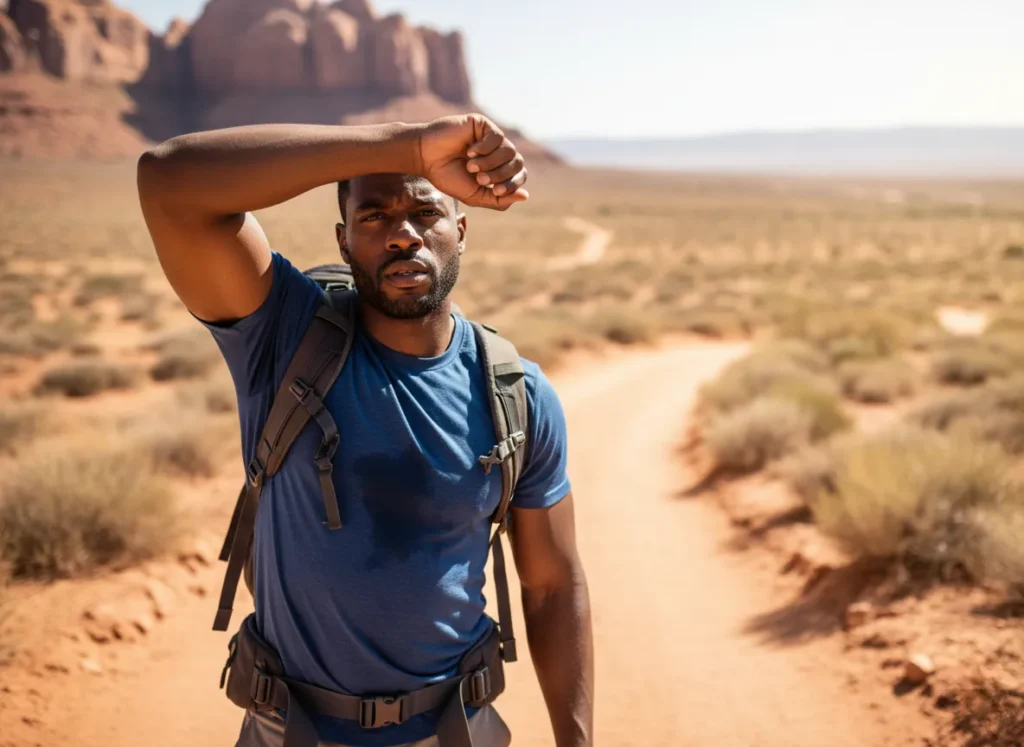 An athletic male hiker takes a break on a hot day, wiping sweat from his forehead on a desert trail.