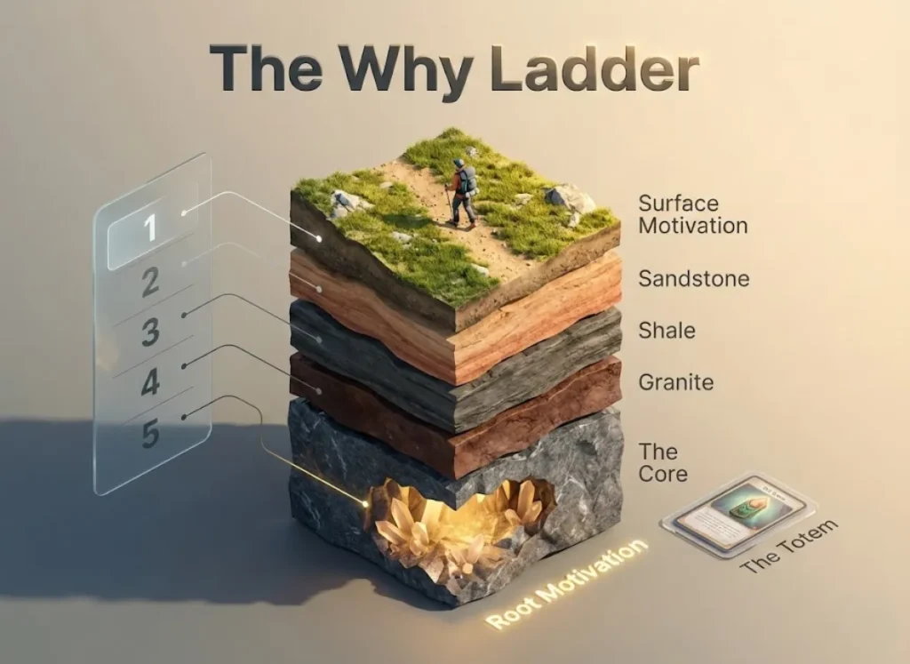 A high-definition, isometric visualization of a hiking-themed mental framework titled 'The Why Ladder.' The image depicts a stylized geological cross-section with five layers representing levels of questioning, culminating in a glowing 'Totem' core, rendered in a premium 3D vector-realism style.