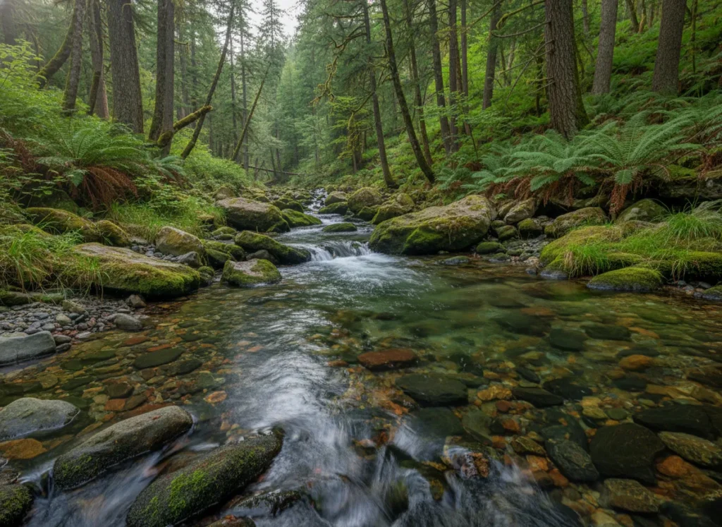 A pristine mountain stream with clear water flowing over rocks in a vibrant green forest, symbolizing a healthy ecosystem.