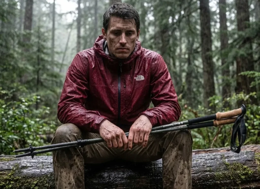 Exhausted hiker in a wet North Face rain jacket sitting on a log holding Black Diamond trekking poles in the rain.