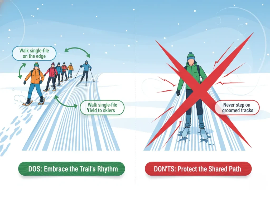 A dynamic two-panel infographic illustrating winter trail etiquette for responsible snowshoeing, featuring vibrant cartoon scenes of snowy trails with dos like single-file walking and yielding to skiers on the left, contrasted by don'ts like disrupting groomed tracks on the right, in a clean vector style promoting ethical outdoor adventures.