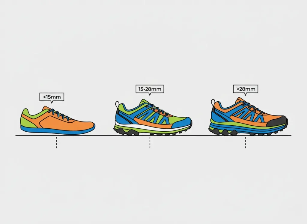 Infographic illustrating the zero-drop shoe spectrum with side profiles of minimalist, balanced, and maximalist hiking shoes aligned on a level baseline, each labeled with stack height ranges for comparing cushioning levels.