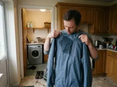 How to Wash a Gore-Tex Jacket Without Wrecking It Hiker checking where a Gore-Tex jacket has wet out before washing it at home