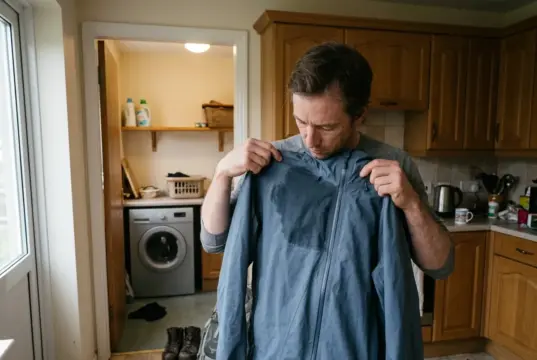How to Wash a Gore-Tex Jacket Without Wrecking It Hiker checking where a Gore-Tex jacket has wet out before washing it at home