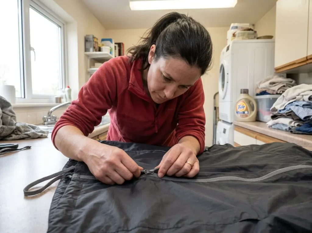 Hands closing the pit zip on a rain jacket before washing a Gore-Tex shell