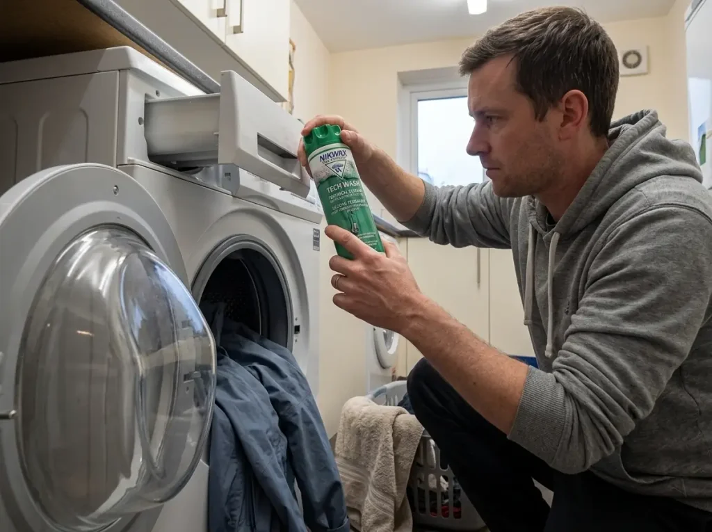 Measuring Nikwax Tech Wash into a front-loading washer to wash a Gore-Tex jacket