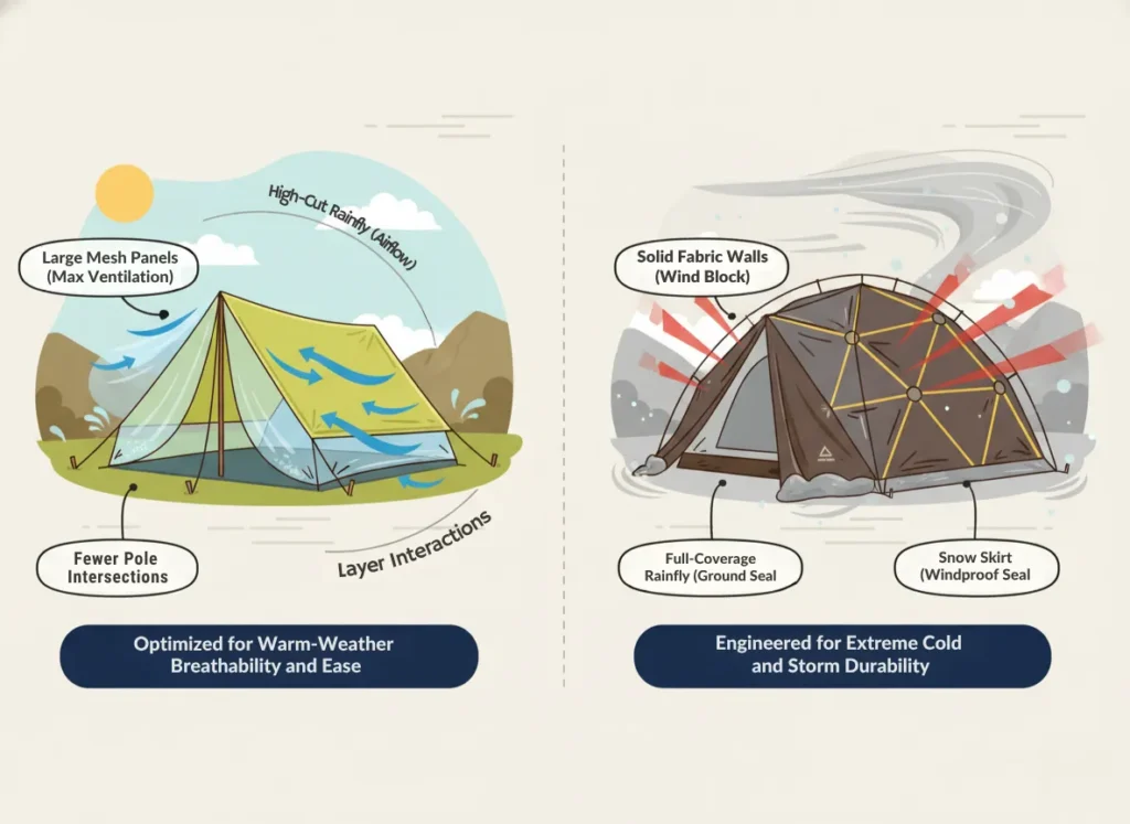 Side-by-side infographic comparing the structural features of a 3-season tent for summer ventilation and a 4-season tent for extreme weather resilience, illustrated in a vibrant, educational cartoon style with annotated highlights.