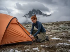 3 Season vs 4 Season Tent: Trail Selection Guide A skilled female hiker sets up a sturdy tent in a high-altitude meadow, preparing for the challenging, mixed-weather conditions of the mountains behind her.