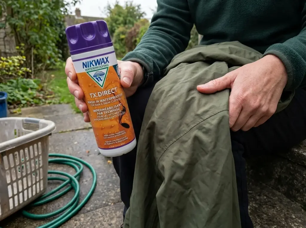 Holding a bottle of Nikwax TX.Direct Wash-In beside a rain jacket that still wets out