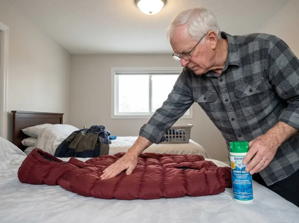 Nikwax Down Wash beside a down-insulated Gore-Tex parka laid out before washing