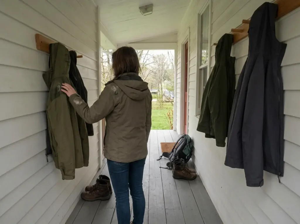 Two rain jackets hanging to air on a porch rail after a wet season of hiking