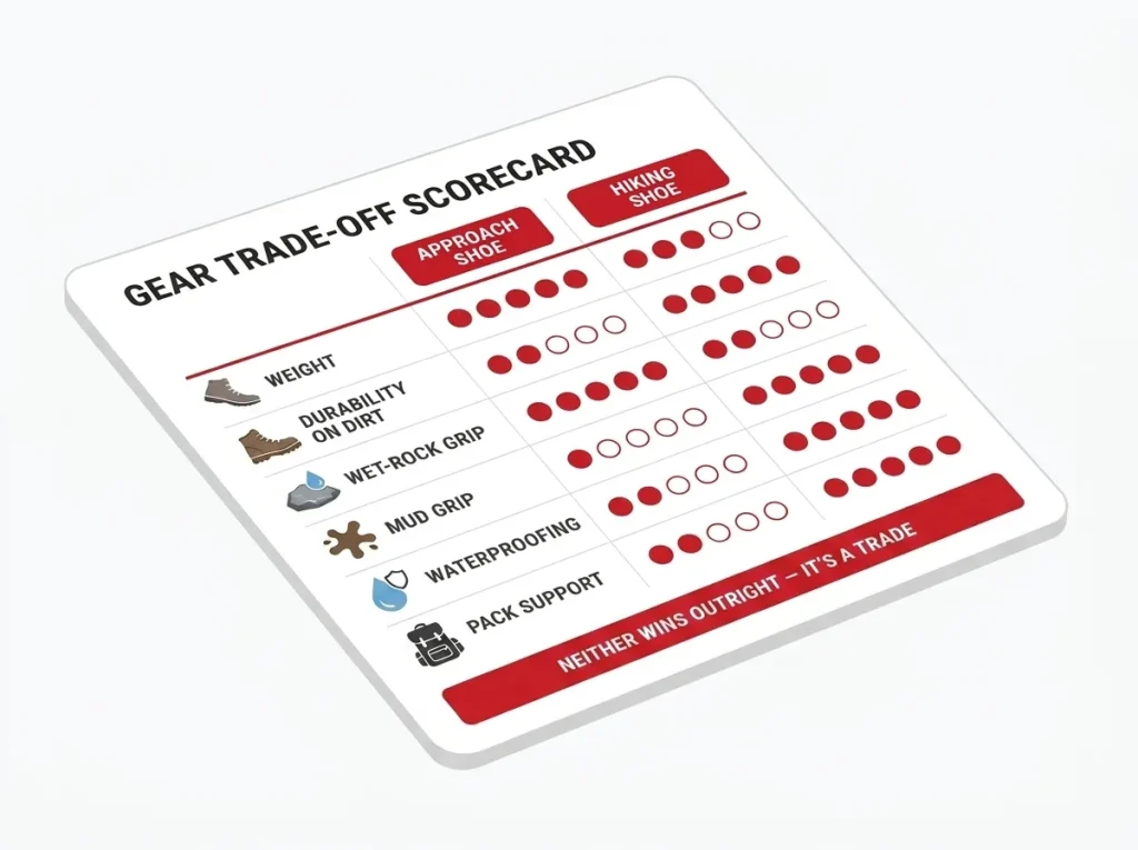 Infographic scorecard rating approach shoes vs hiking shoes on weight, durability, grip, and waterproofing with dot ratings