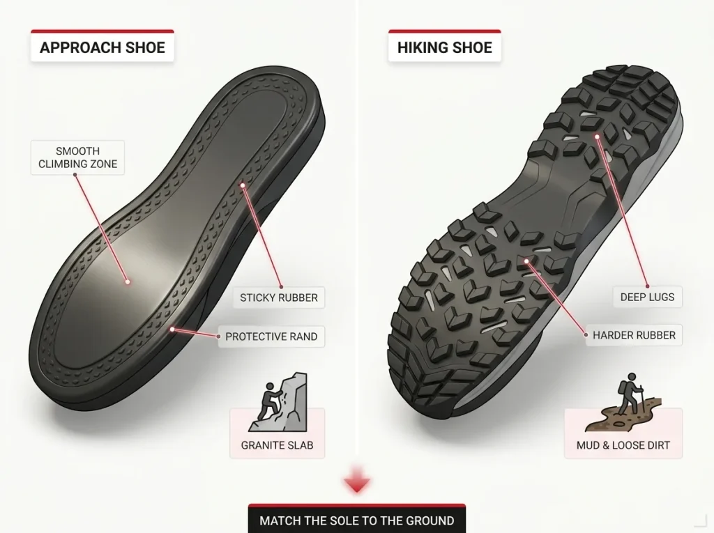 Infographic comparing approach shoe sticky smooth toe sole vs hiking shoe deep lug sole for granite and mud terrain