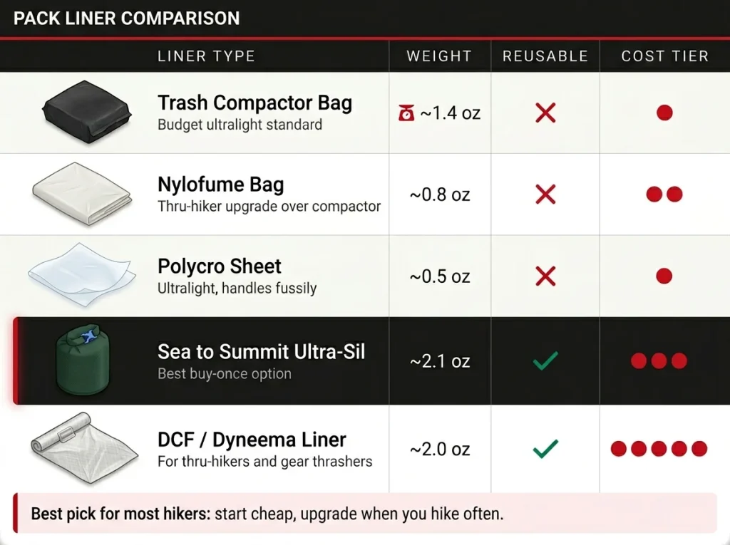 Comparison chart of five pack liner types — trash bag to Dyneema — with weight, reusability, and cost tier columns for each option.