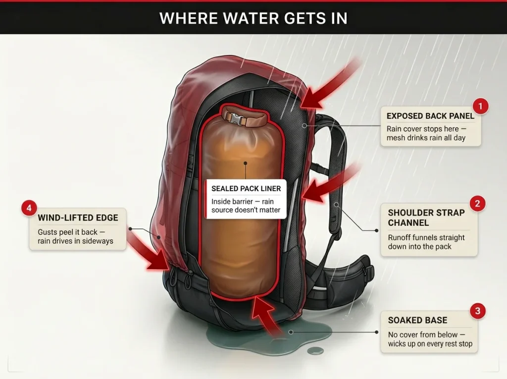 Annotated diagram showing where water enters a rain-covered pack with arrows marking four failure zones and sealed liner inside.