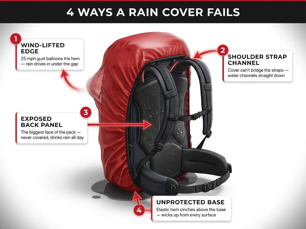 Annotated diagram of a rain-covered backpack labeling four failure zones: wind-lifted edge, shoulder strap channel, soaked back panel, and unprotected base.