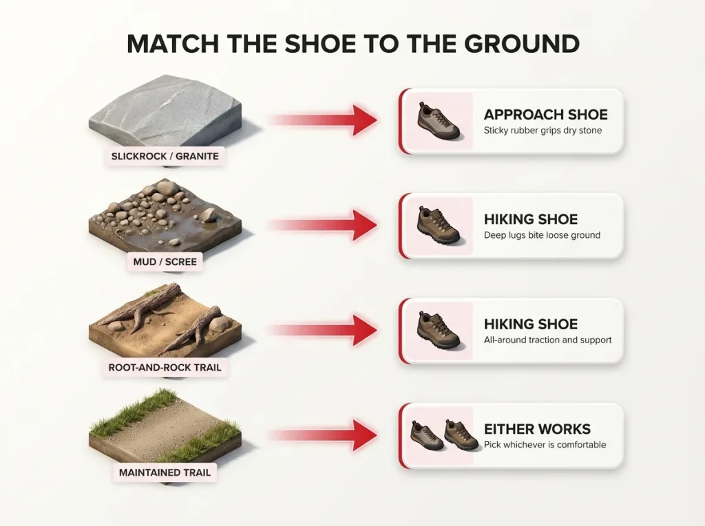 Infographic decision chart matching hiking terrain types to the recommended shoe with reasons for slickrock, mud, and trail