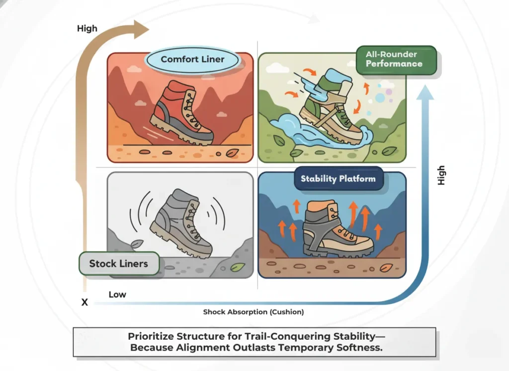A vibrant 2x2 quadrant infographic chart illustrating insole types based on structural support and shock absorption levels, highlighting why stability outperforms mere cushioning for hikers, with icons of feet and trails in each section.