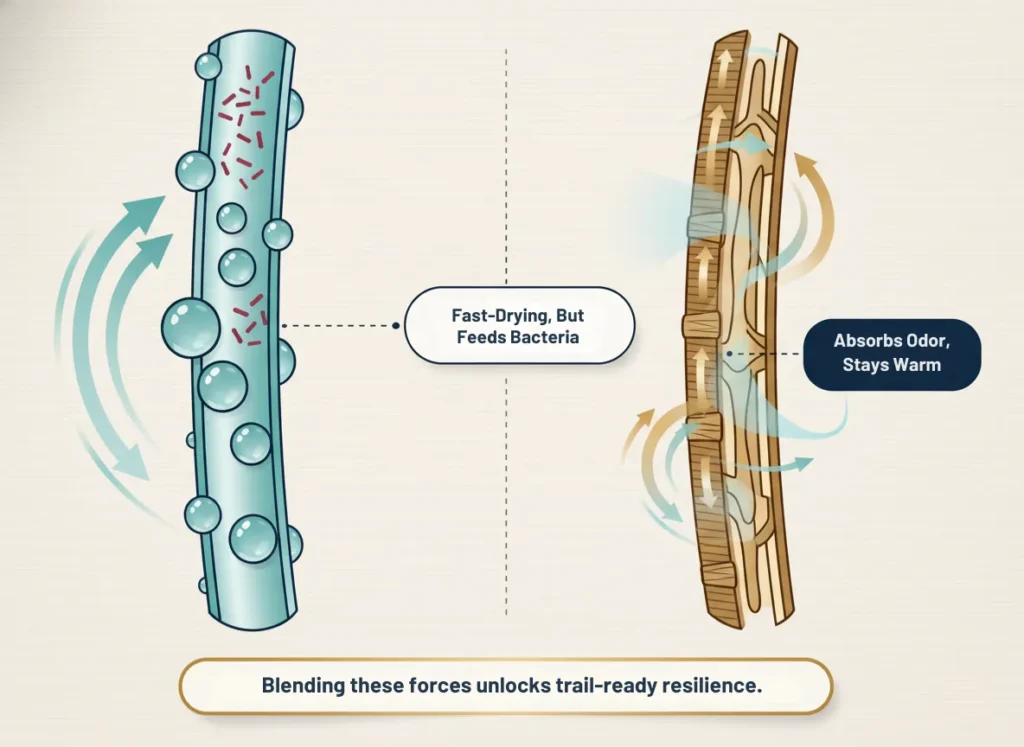 Side-by-side infographic comparing hydrophobic polyester and hygroscopic wool fibers in hiking base layers, illustrating moisture management, drying speed, and odor resistance through dynamic cross-sectional views with sweat droplets and vapor absorption.