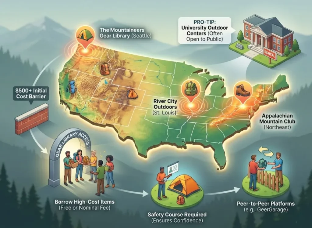 A stylized 3D map of the United States highlighting major gear libraries in Seattle, St. Louis, and the Northeast. Surrounding infographics illustrate the process of borrowing gear to lower costs, the requirement for safety courses, peer-to-peer rentals, and university programs.