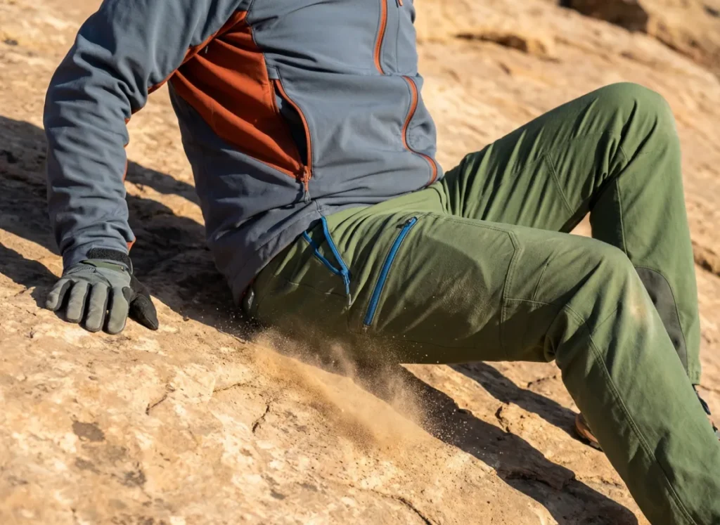 Close up of hiking pants sliding against rough sandstone rock, showing friction and abrasion potential.