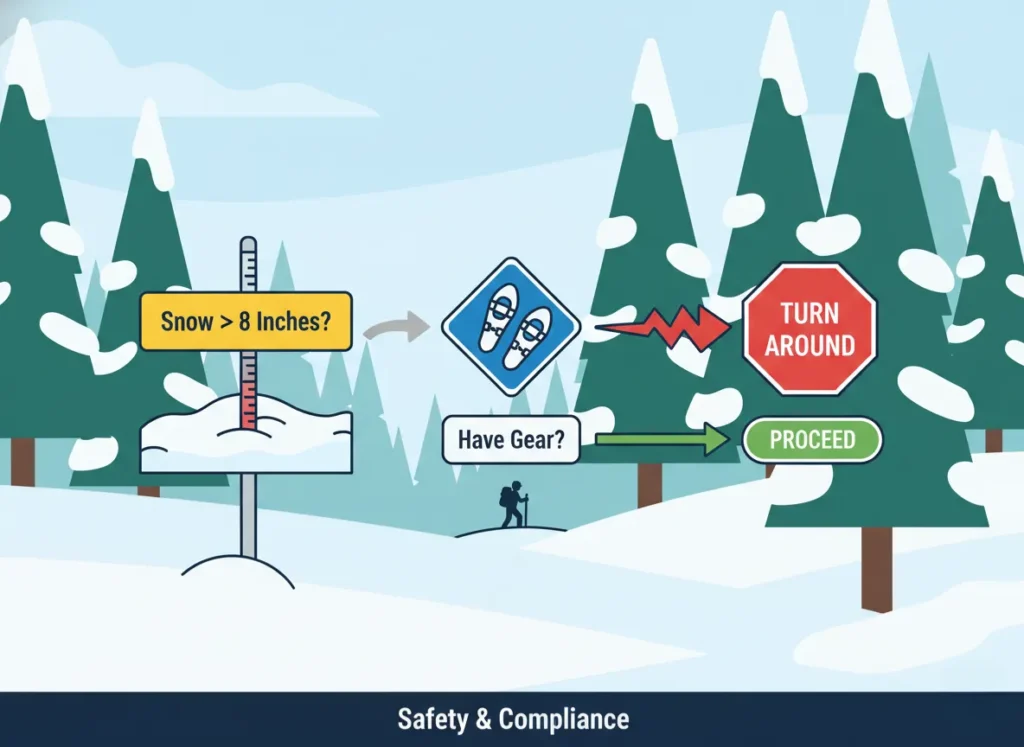 A flat vector infographic flowchart set against a winter wilderness background. It illustrates the NYS DEC 8-inch rule. Step 1 shows a snow ruler measuring depth with text "Snow > 8 Inches?". Step 2 asks "Have Snowshoes?" via a trail sign. The "No" path leads to a red "TURN AROUND" warning, while the "Yes" path allows the hiker to proceed.