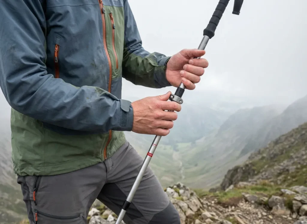 Hiker adjusting the length of trekking poles at a mountain ridge before a descent.