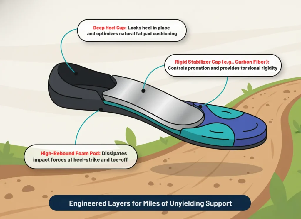 A vibrant infographic diagram illustrating the layered structure of a high-performance hiking insole, with callout annotations highlighting the deep heel cup, rigid stabilizer cap, and high-rebound foam pod for enhanced durability and foot support during long treks.